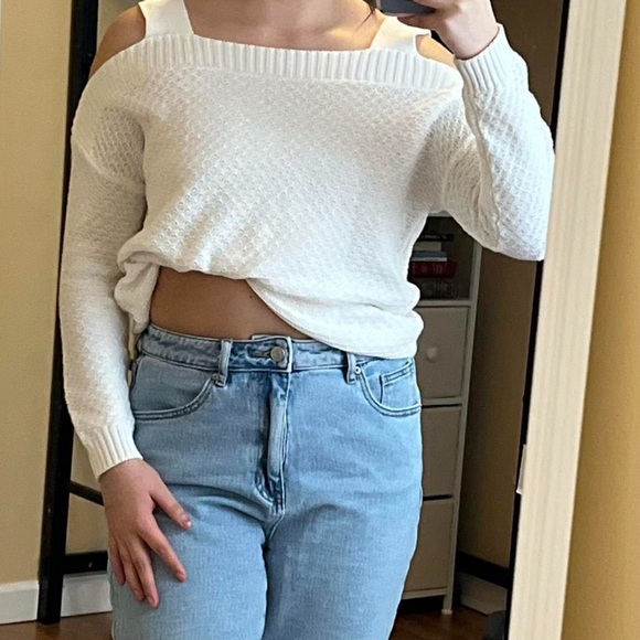 Women's Off-Shoulder White Sweater - Picture 1 of 5